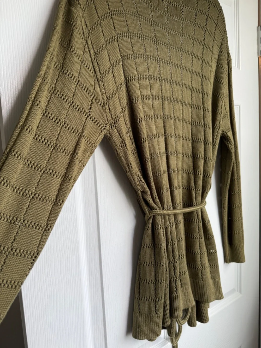Future Collective Olive Green Pointelle Knit Belted Cardigan Sweater Size S